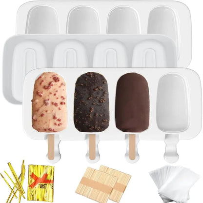 4Pcs Large Silicone Popsicle Molds Set,4 Cavities Oval Cake Pop&Ice Cream Bar Molds,Homemade Ice Making Kit with Wooden Sticks