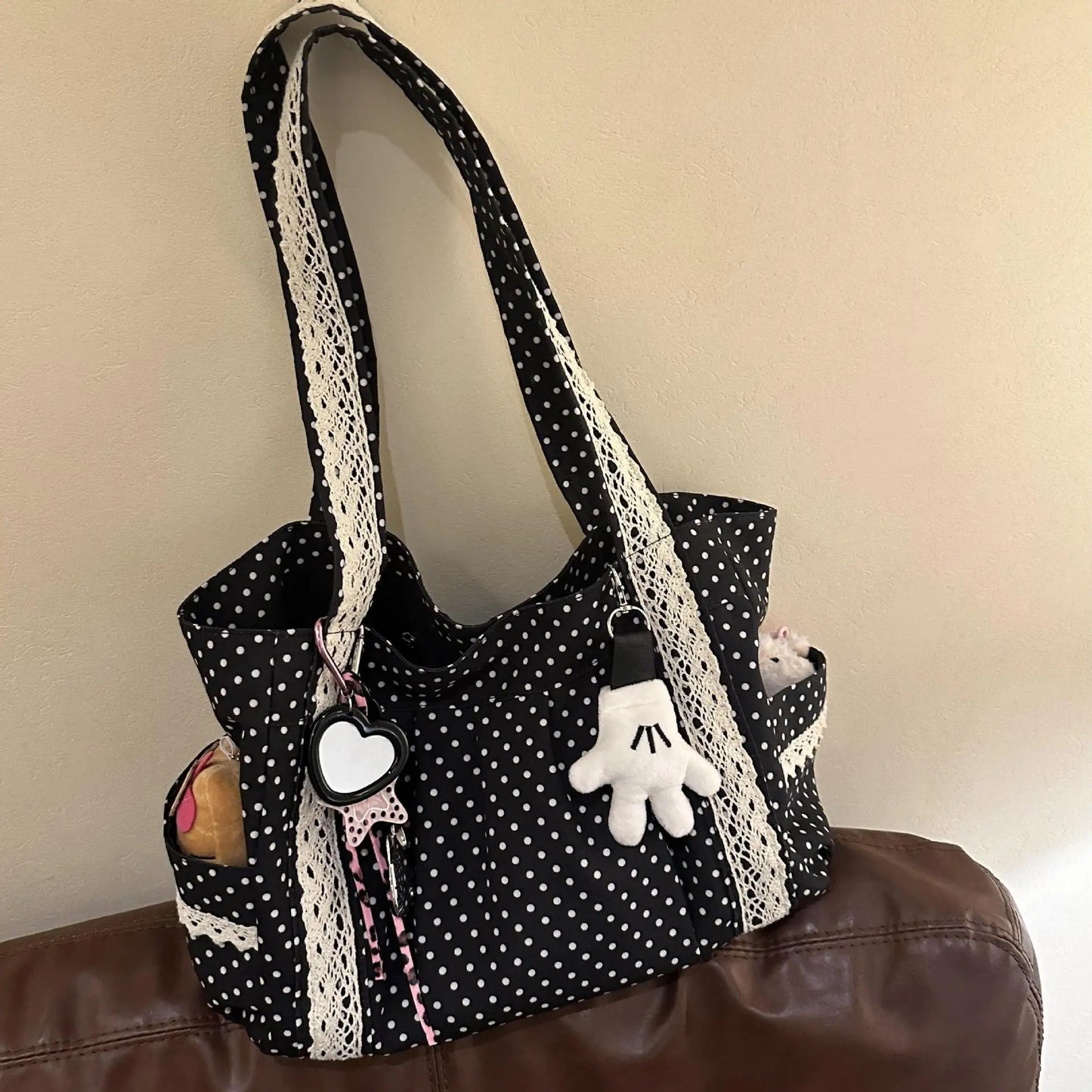 Korean Vintage Canvas Shoulder Bag Women Cute Lace Large Capacity Tote Bag Multi Pocket Handbag Fashion Round Dot Underarm Bag