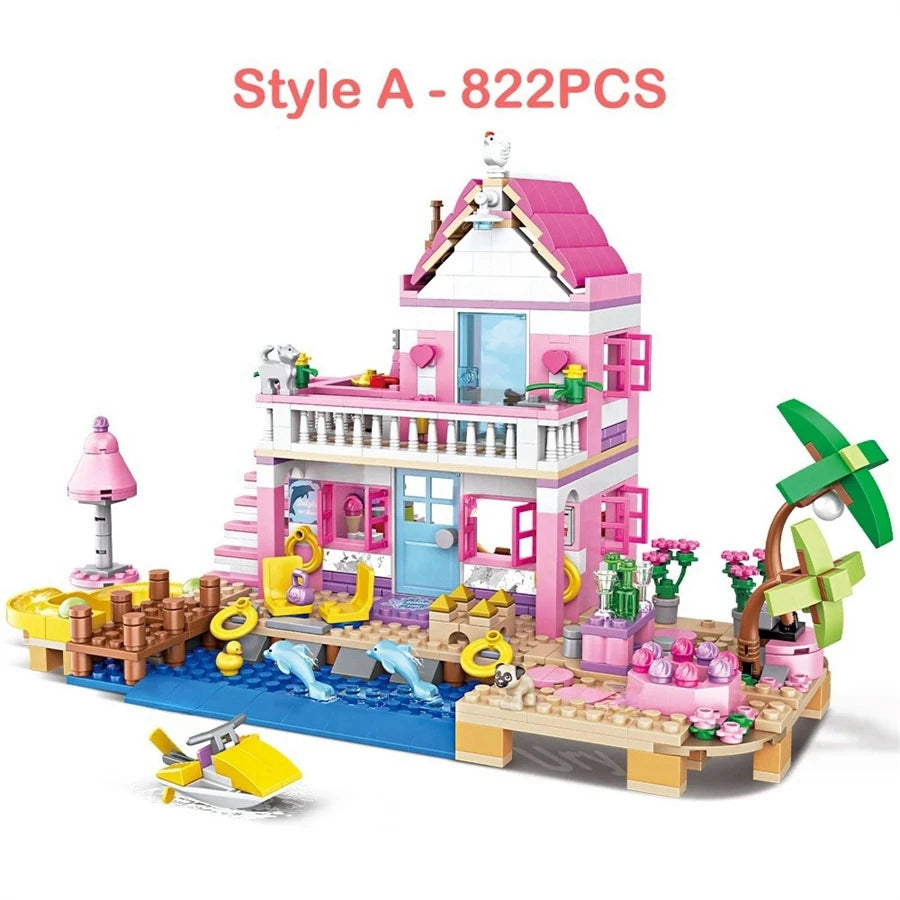 Summer Holiday City House Seaside Villa Building Blocks Apartment Street View Figures DIY Bricks Toys for Kid Girls Friends Gift