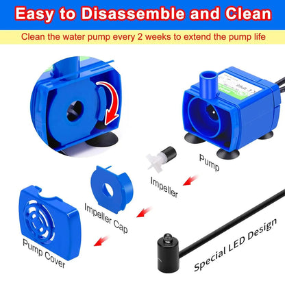Water Pump Pet Cat Water Fountain Pump With LED Light - Replacement Motor For Cats Dogs Water Dispenser - USB Plug Pet Accessory