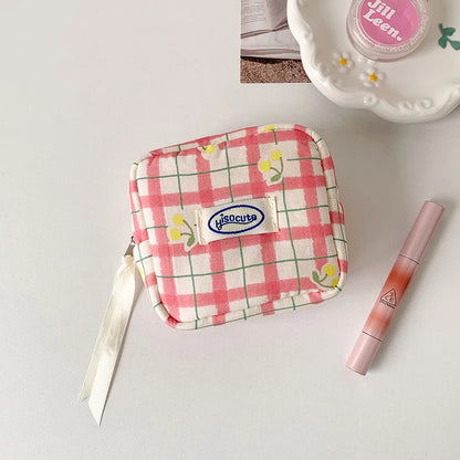Cute Cherry Plaid Makeup Bag for Lipstick Cosmetics Coin Purse Sanitary Pads