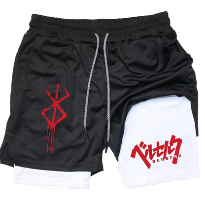 Anime Berserk Performance Shorts Men 2-in- Running Compression Shorts Training Yoga Gym Sportswear Workout Shorts with Pockets