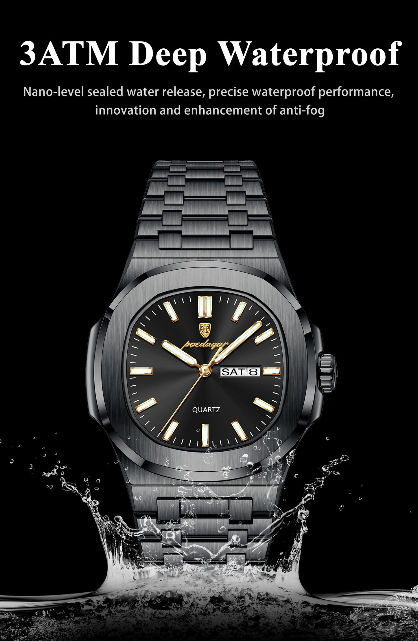 POEDAGAR Square Luxury Men's Wristwatch Luminous Waterproof Stainless Steel Male Clock Week Date Original Quartz Watches For Men