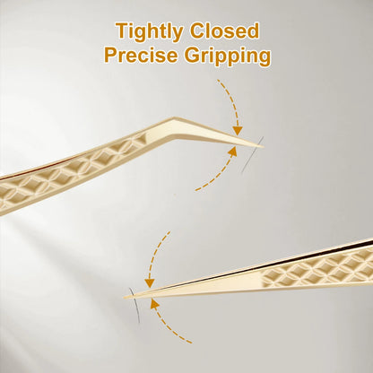 Lashtalk Precision Fiber Tip Tweezer Eyelash Extensions Diamond Grip Anti-Slip Premium Gold Stainless Steel Makeup With Box Pack