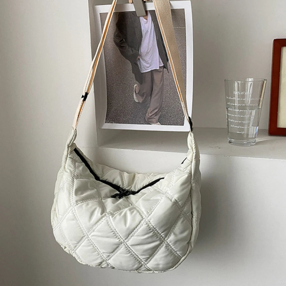Black diamond check embroidered thread large capacity down Cloud Women's shoulder crossbody dumpling bag (without pendant)