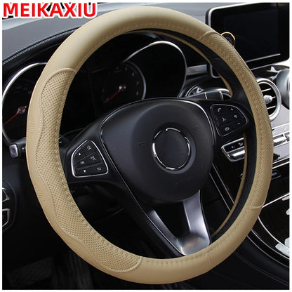 38cm PU Fiber Leather Steering Wheel Cover Embossed Style round Car Decorations Accessory with Inner Ring for All Seasons