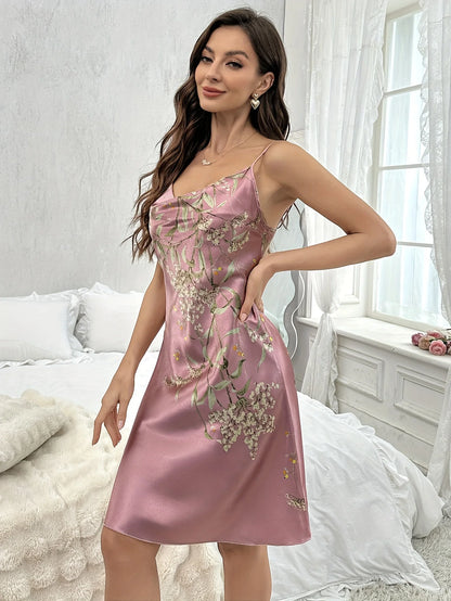 2026 New Smooth and Sexy Style Silk Satin Floral Camisole Nightdress Draped Neck Sheer Slip Dress Wearable Loungewear for Home