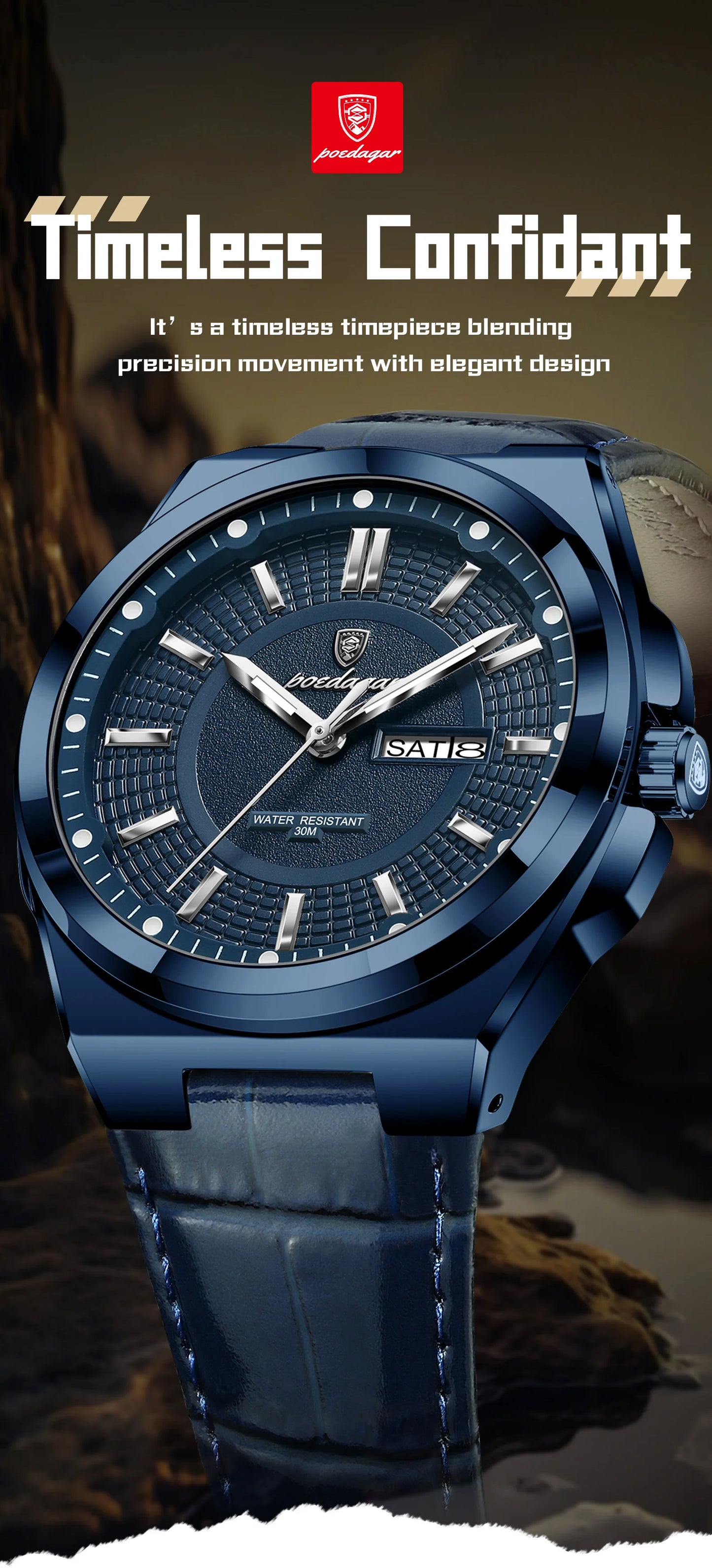 POEDAGAR Fashion Brand Man Wristwatch Waterproof Luminous Date Week Quartz Luxury Men's Watches Leather Business Men Watch Reloj