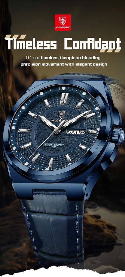 POEDAGAR Fashion Brand Man Wristwatch Waterproof Luminous Date Week Quartz Luxury Men's Watches Leather Business Men Watch Reloj