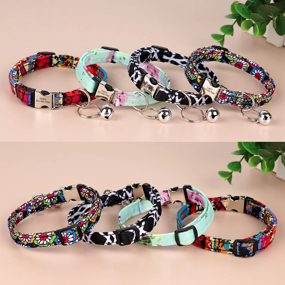 Personalized Printed Cat Collar Adjustable Kitten Puppy Collars With Free Engraved ID Nameplate Bell Anti-lost Cats Collars