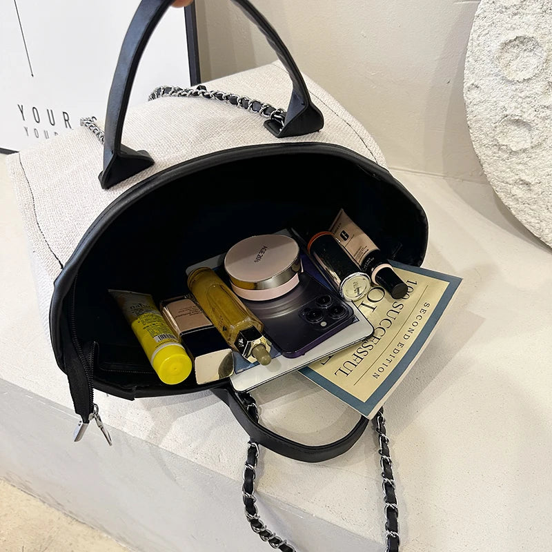 New Fashion Simple Canvas Material Chain Bag Large Capacity Chain Zipper Women's Shoulder Bag Tote Bag For Commuter Shopping