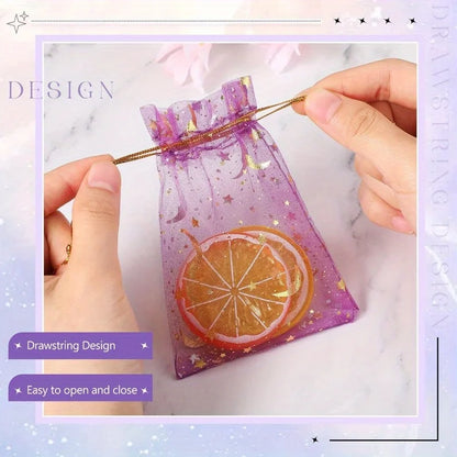 50PCS White Moon Stars Drawstring Organza Bags Jewelry Gift Bags Pouches Gold Star Organza Favor Pouches for Christmas Wedding