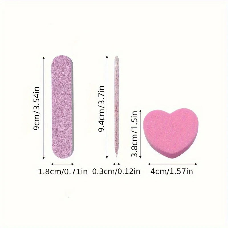 12 Piece Set of Pink Glitter Nail Care Kit - Heart-Shaped Buffer, Crystal Rod, and Double-Sided File for Nail Art and Pedicures