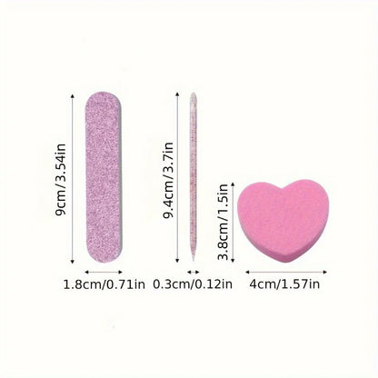 12 Piece Set of Pink Glitter Nail Care Kit - Heart-Shaped Buffer, Crystal Rod, and Double-Sided File for Nail Art and Pedicures