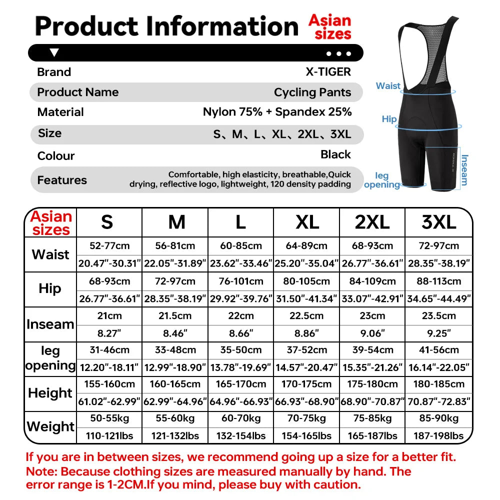 X-TIGER Men's Cycling Bib Shorts 120 Density Gel Cushion Mountain Road Bike Cycling Shorts Outdoor Casual Sports Bib Shorts