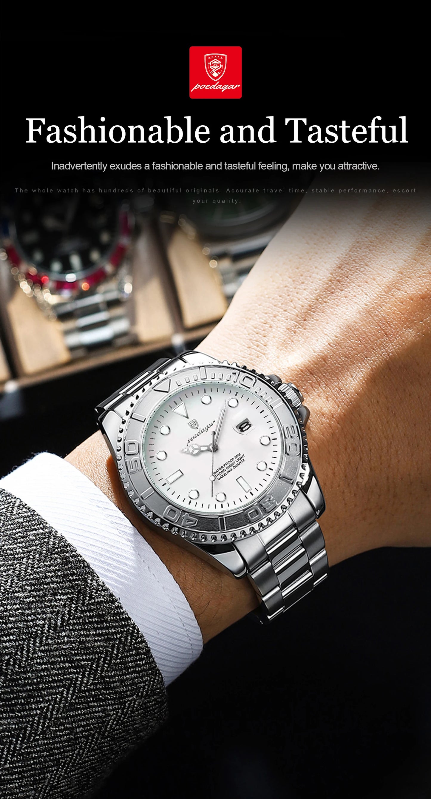 POEDAGAR Casual Fashion Man Wristwatch Waterproof Luminous Date Exquisite Men Watch Stainless Steel Classic Men's Quartz Watches