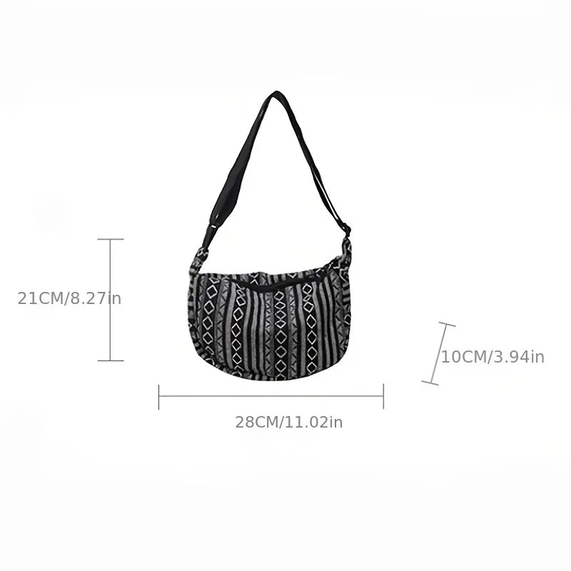 Tribal Style Shoulder Bag, Foldable Crossbody with Zipper Closure, Striped Pattern, Flag Theme Hand Washable Edge Painted Lining