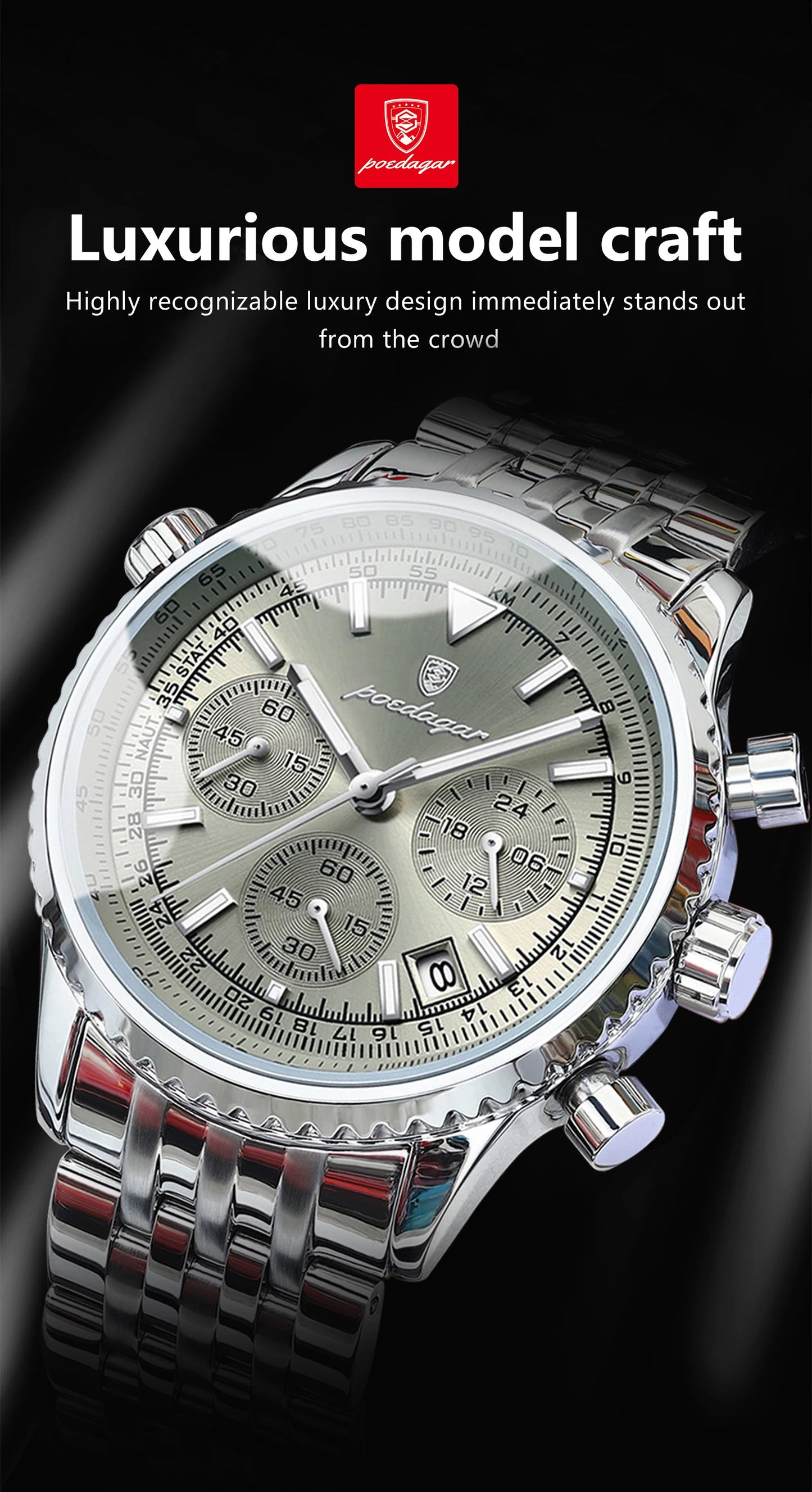 POEDAGAR Luxury Fashion Men Watch Stainless Steel Waterproof Luminous Quartz Male Clock Date Chronograph Military Men's Watches