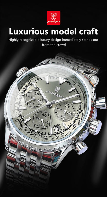 POEDAGAR Luxury Fashion Men Watch Stainless Steel Waterproof Luminous Quartz Male Clock Date Chronograph Military Men's Watches