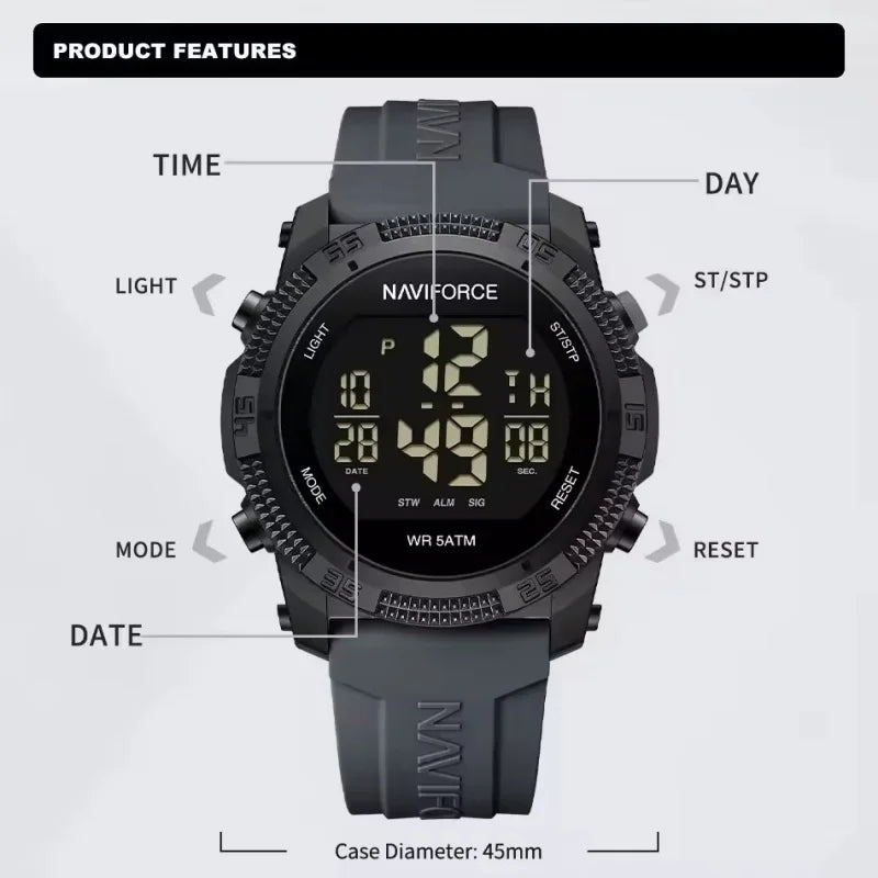 NAVIFORCE 7104 Sports Men's LCD Digital Leisure Date Week Alarm Clock Waterproof Silicone Strap Electronic Watch électronique