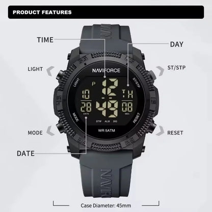 NAVIFORCE 7104 Sports Men's LCD Digital Leisure Date Week Alarm Clock Waterproof Silicone Strap Electronic Watch électronique