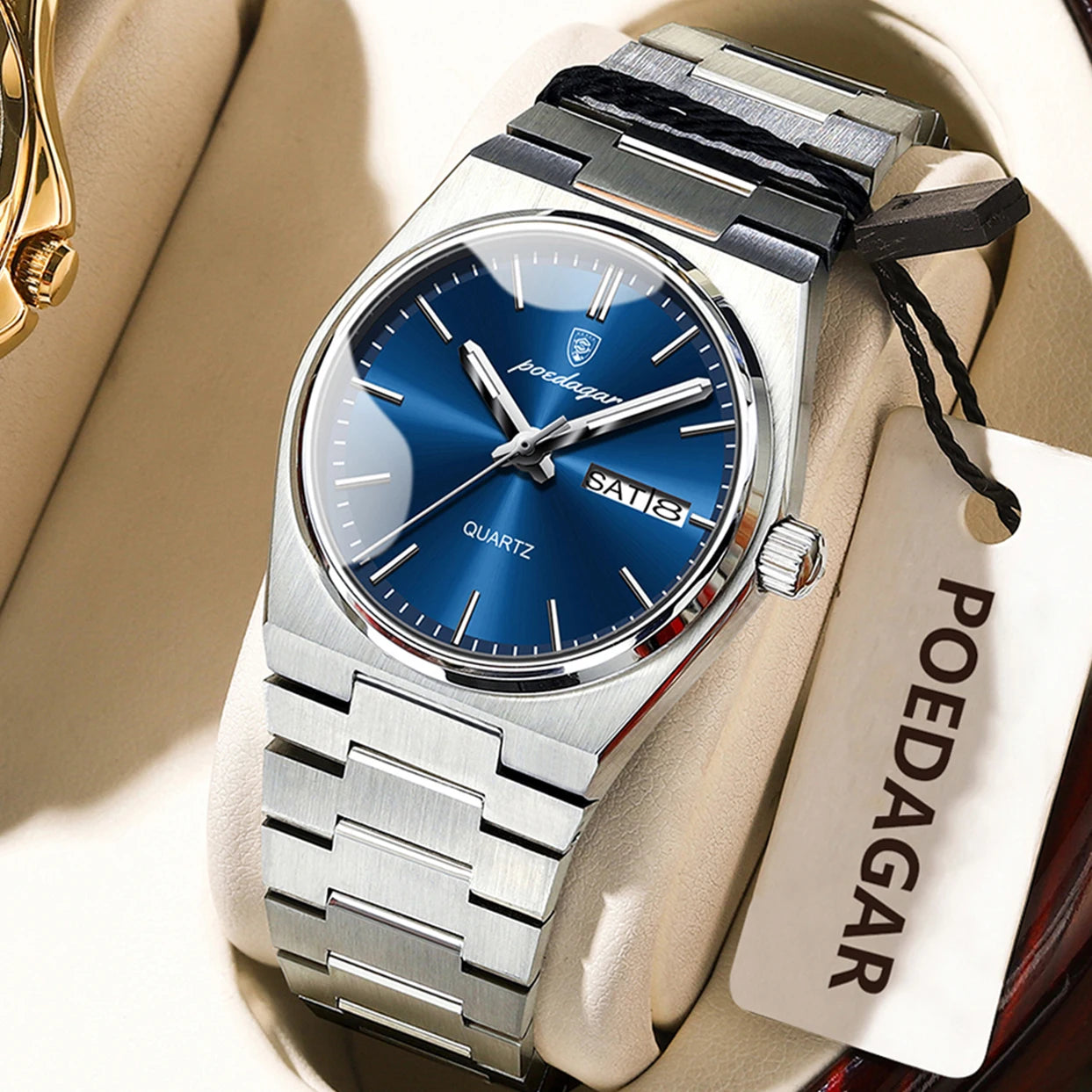 POEDAGAR Elegant Woman's Watch Date Week Waterproof Luminous Ladies Clock Quartz Stainless Steel Fashion Watches For Women Reloj