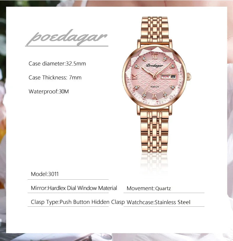 POEDAGAR Top Elegant Women's Watches Stainless Steel Date Week Woman Watch Waterproof Luminous Fashion Ladies Watch Quartz Reloj