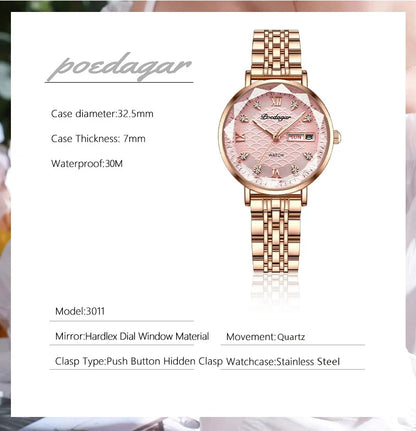 POEDAGAR Top Elegant Women's Watches Stainless Steel Date Week Woman Watch Waterproof Luminous Fashion Ladies Watch Quartz Reloj