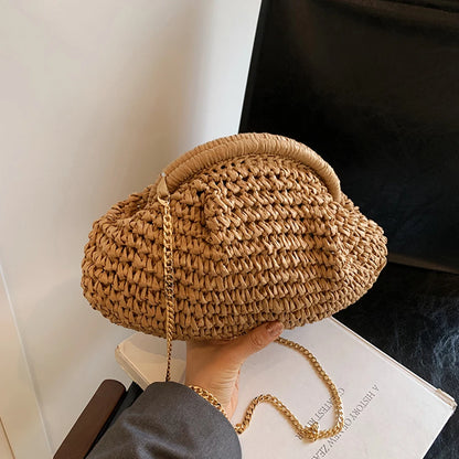 Women Straw Woven Bag Chain Strap Straw Clutch Purse Large Capacity Stylish Crossbody Bag Solid Color for Summer Beach