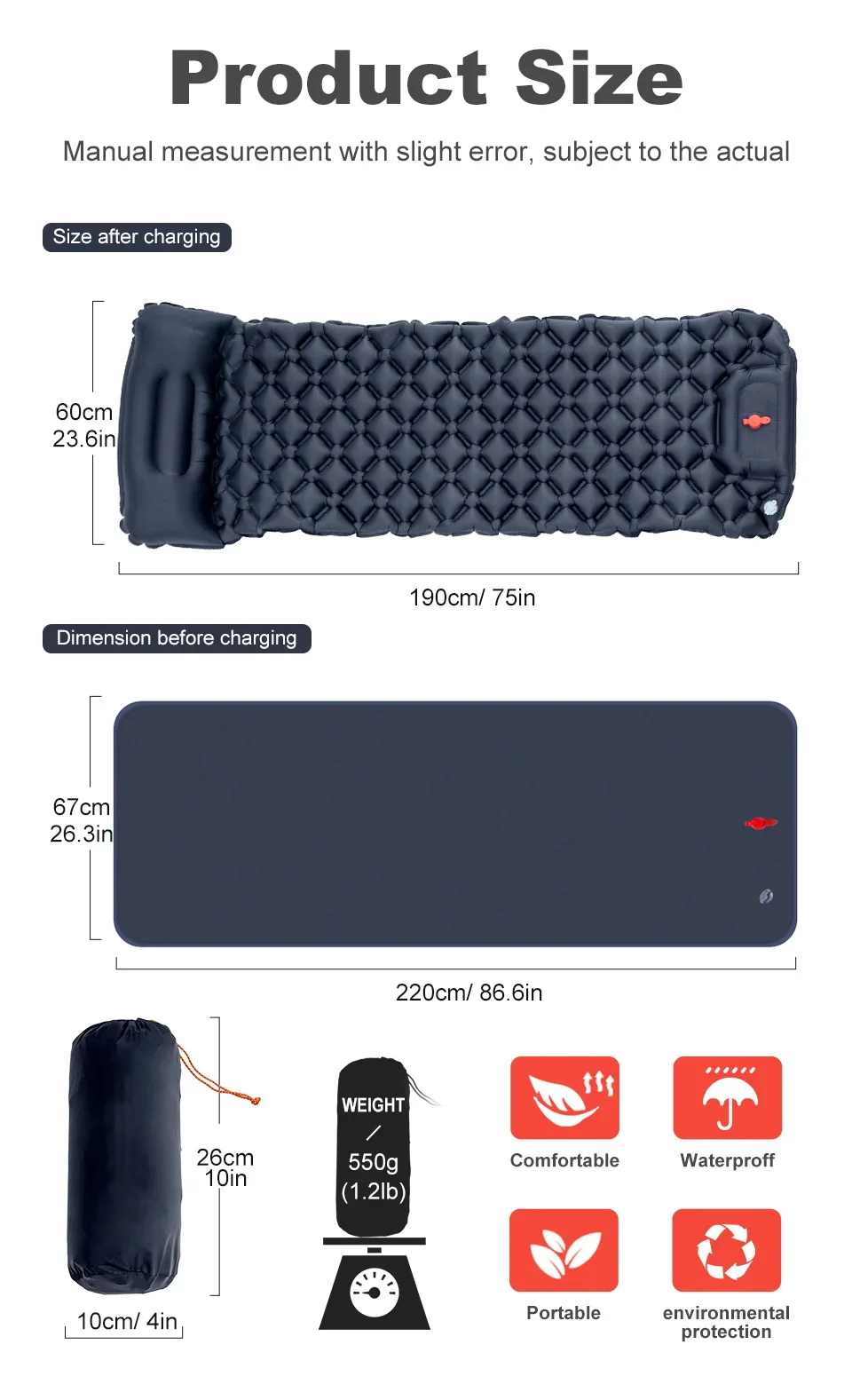 Outdoor Camping Inflatable Mattress Ultralight Air Mat with Built-in Pump Hiking Sleeping Pad Pillow