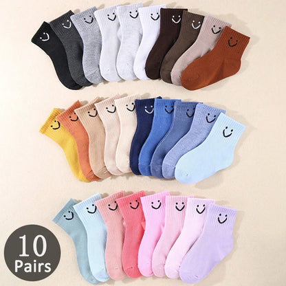 10 Pairs of Cute Solid-Color Smiling Face Pattern Children's Mid-Calf Socks, Suitable for Boys and Girls Socks