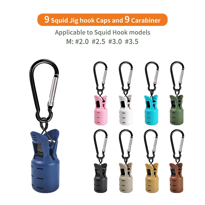 9PCS Squid Jig Protector Webfoot Octopus Egi Hook Cover Cuttlefish Umbrella Lure Cap Wood Shrimp Bait Accessories with Carabiner