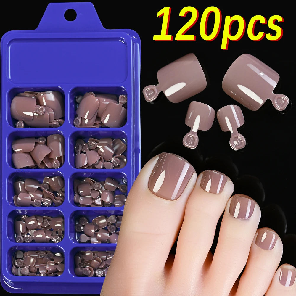 120Pcs 9-Colors French Fake Toenails Summer Short Sqaure Press On Toe Nails Tips Glossy Nude/Pink/Brown Full Cover False Toenail