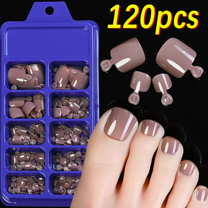 120Pcs 9-Colors French Fake Toenails Summer Short Sqaure Press On Toe Nails Tips Glossy Nude/Pink/Brown Full Cover False Toenail