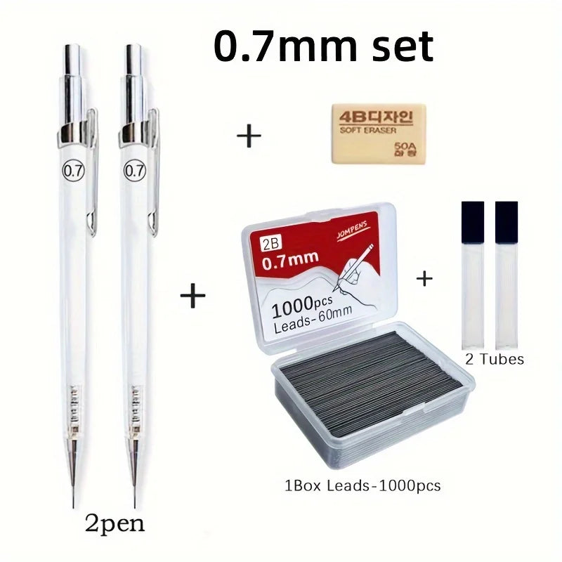 Transparent Mechanical Pencils 0.5 0.7 0.9mm with Lead 2B 60mm Art Drawing Automatic Pencil Replaceable Refills with 2 Tubes