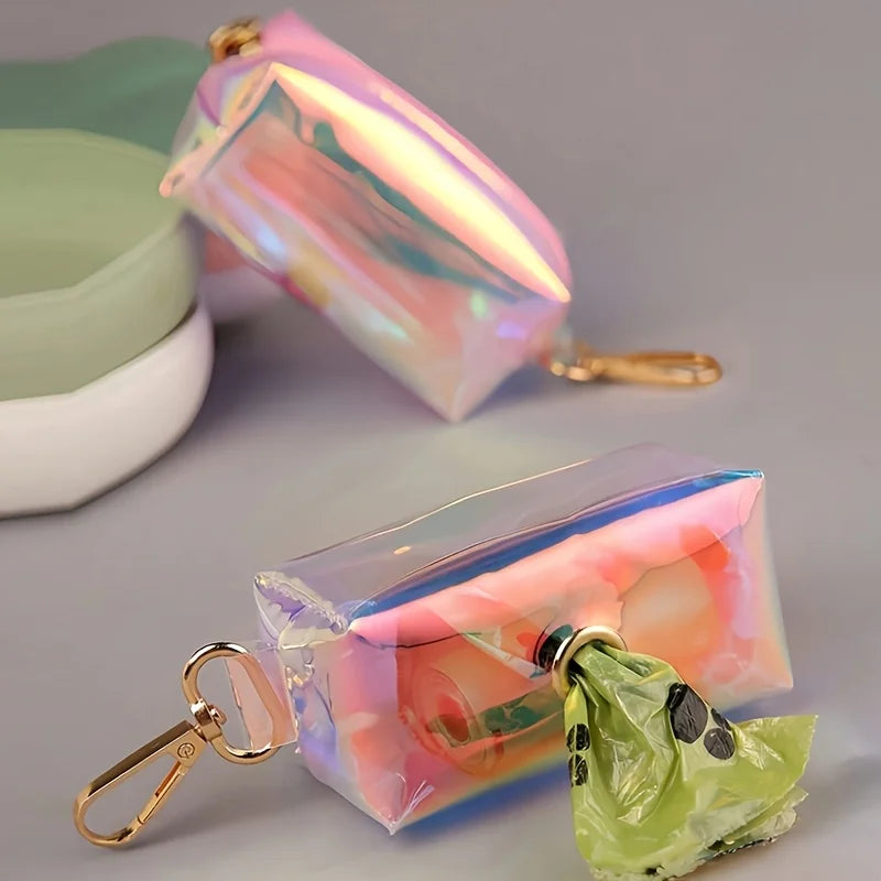 1pc Holographic Reflective Dog Poop Bag Dispenser - Colorful Iridescent Waste Bags for Walks Easy-Carry Design for Pet Owners