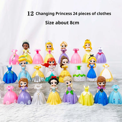 24pcs Princess Cinderella Belle Alice Snow White Ariel Rapunzel Pvc Action Figures Interchangeable Clothes Toys Dolls Gifts