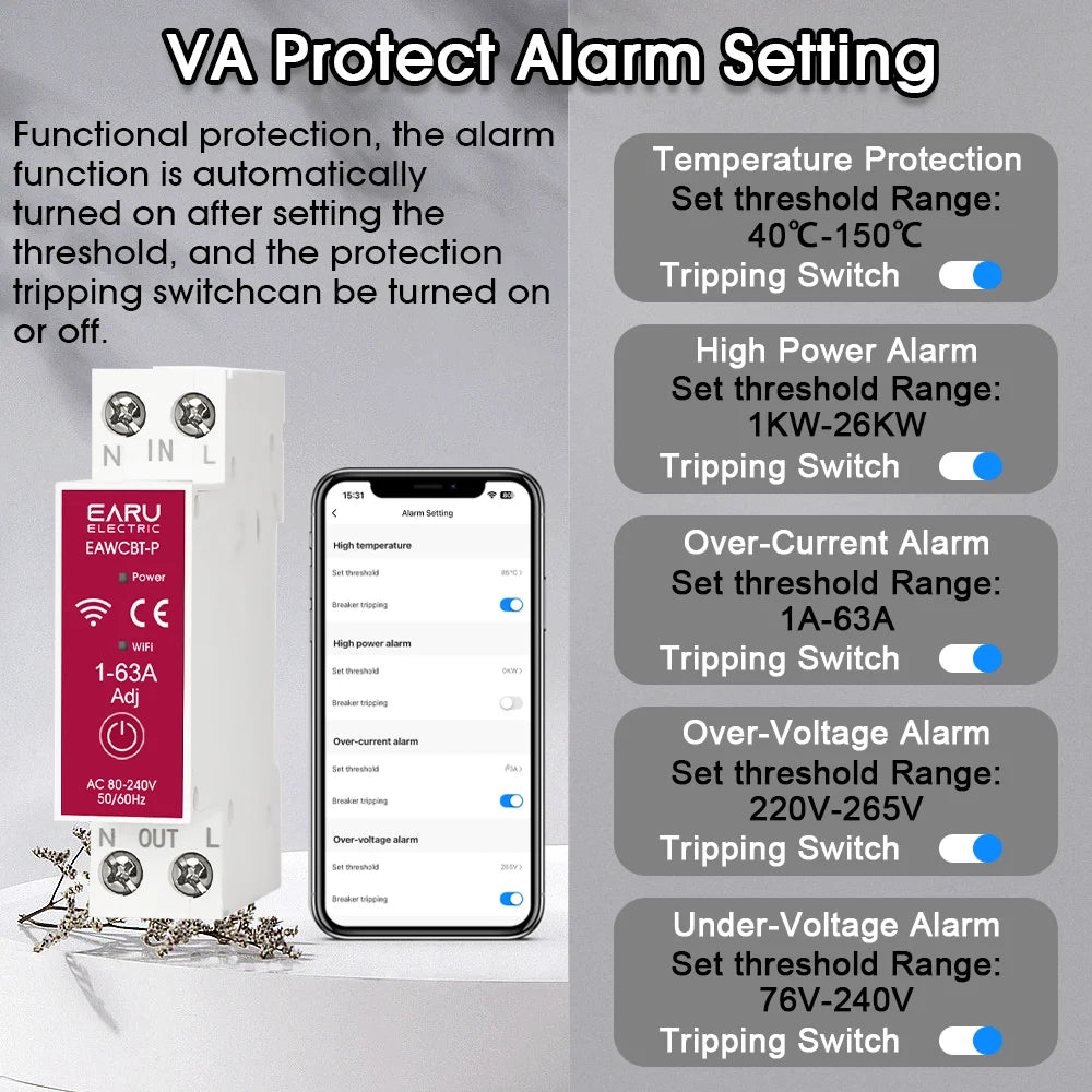 Tuya MCB WiFi Smart Circuit Breaker 1P+N 63A Timer Power Energy kWh Voltage Current Meter Protector Voice Remote Control Switch