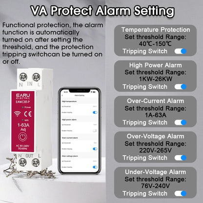 Tuya MCB WiFi Smart Circuit Breaker 1P+N 63A Timer Power Energy kWh Voltage Current Meter Protector Voice Remote Control Switch