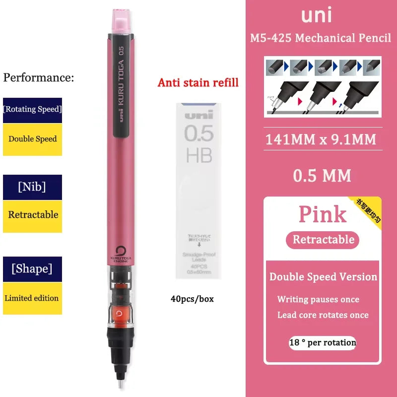 UNI KURUTOGA Mechanical Pencil M5-452 Creative Writing Continuous Sketch 0.5mm Lead Automatic Rotating Mechanical Pencil