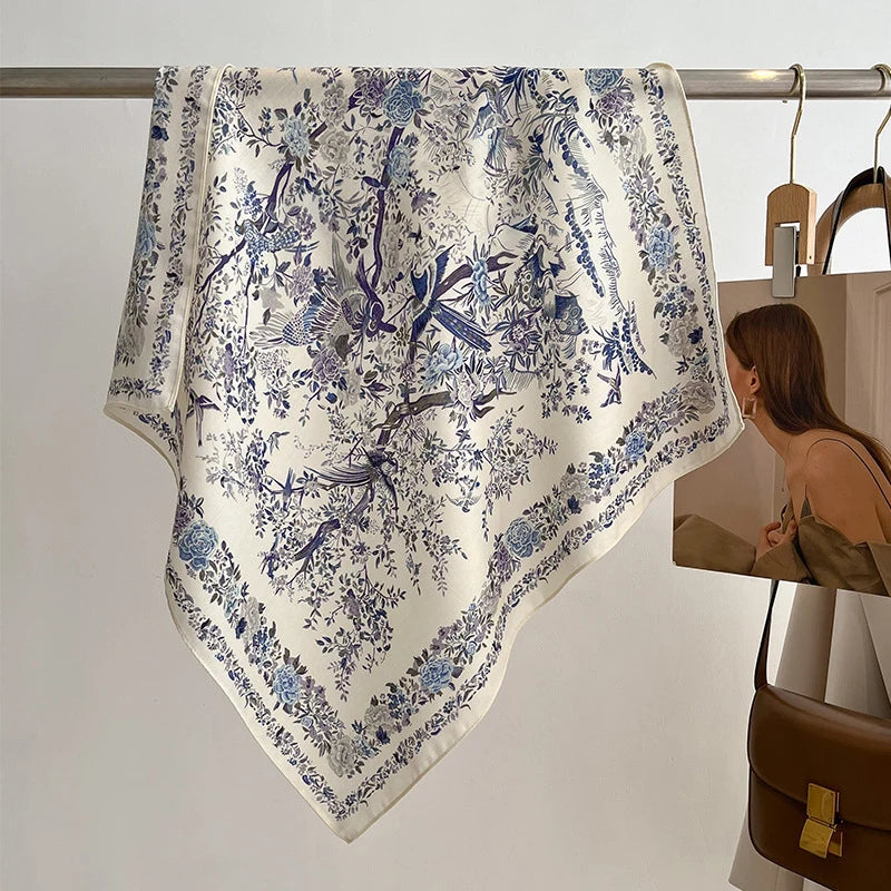 1PCS 70cm Leaf Pattern Silk Scarf for Women Simulated Silk Fresh and Versatile Headwear Bag Clothing Accessories Square Scarf