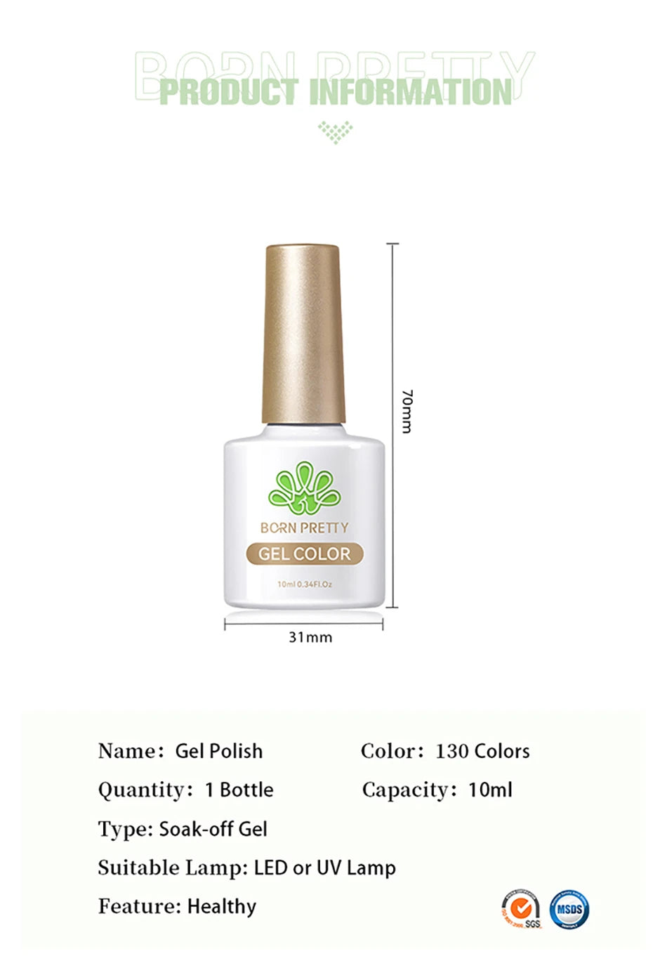 BORN PRETTY 10ml Gel Nail Polish Gel 130 Colors Semi Permanent Solid Nail Gel Varnish Soak Off UV Gel for Base Top Coat