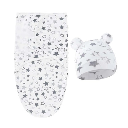 Baby Blanket Hat Set Cartoon Printed Cotton Newborn Swaddle Adjustable Infant Blankets Wraps Applicable All Seasons 0-6 Months