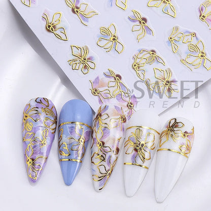 5pcs Metallic Gold Line Flower Nail Stickers 3D Bronzing Border Petals Sakura Leaf Nail Decals Slider DIY Elegant Manicure Decor