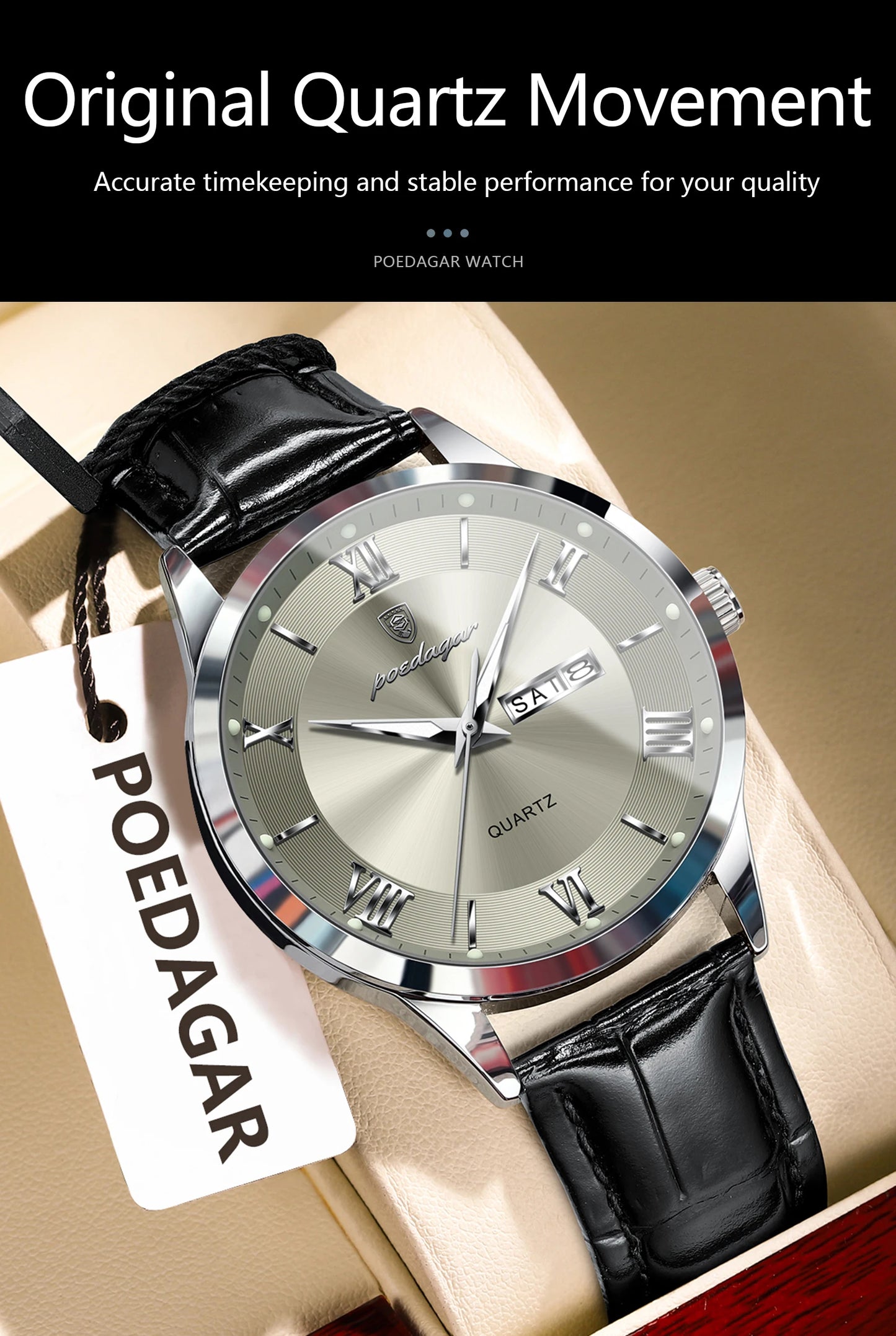 POEDAGAR Business Brand Men Clock Waterproof Luminous Date Week Fashion Man Wristwatch Leather Luxury Men's Quartz Watches Reloj