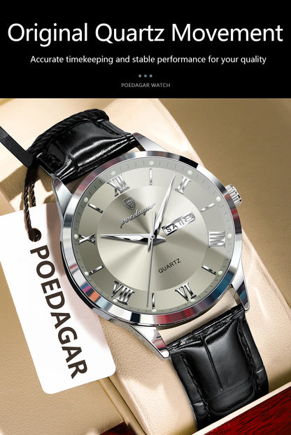 POEDAGAR Business Brand Men Clock Waterproof Luminous Date Week Fashion Man Wristwatch Leather Luxury Men's Quartz Watches Reloj