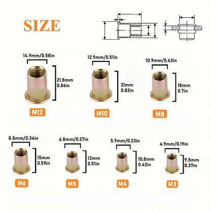 36pcs Heavy-Duty Rivet Nut Kit W/Tools (M3-M12) Zinc-Coated RH Threaded for Car Repair/Furniture/License Plate/Renovation