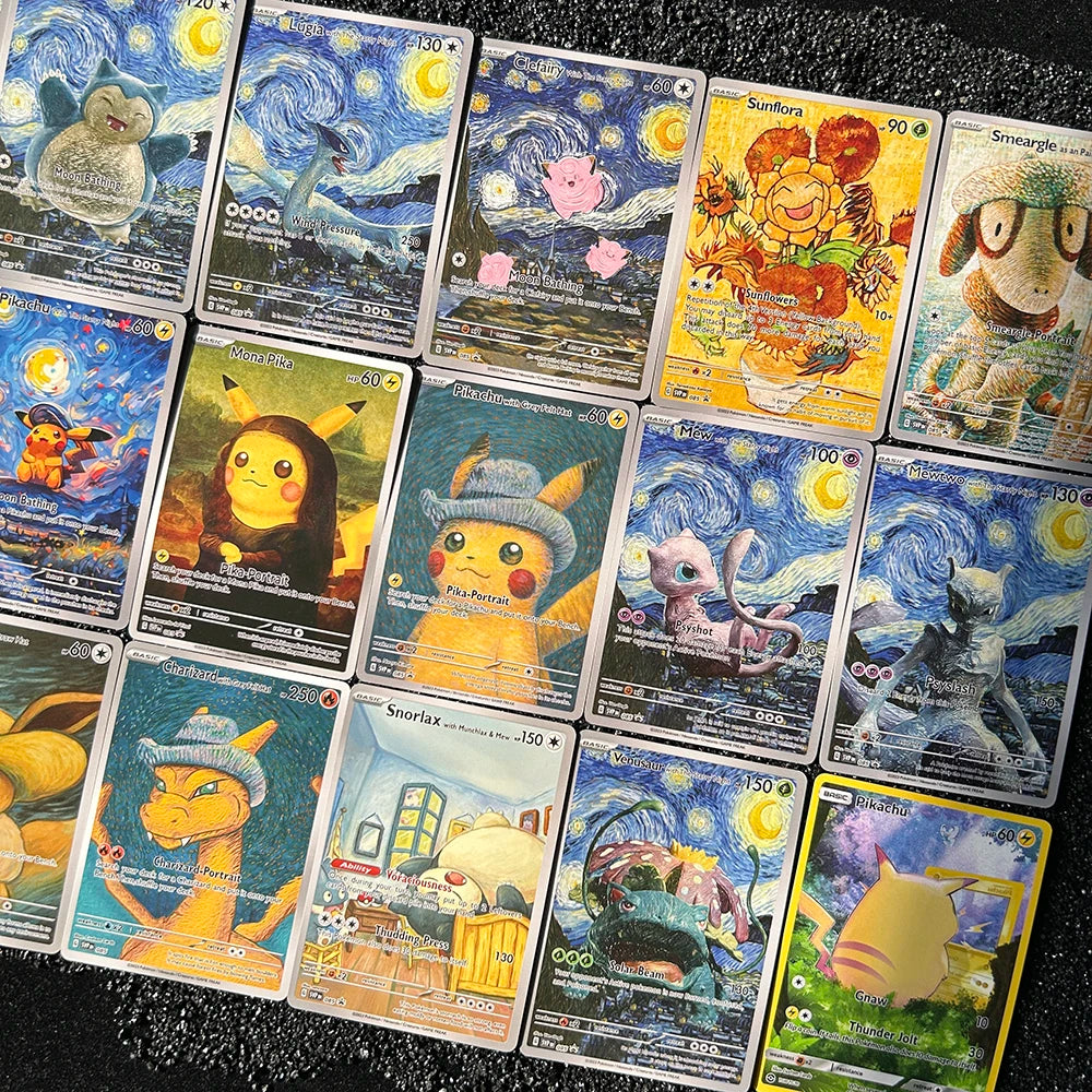 18pcs /setDIY PTCG 2023 SVP EN VAN GOGH PICHU GREY FELT HAT MEWTWO Charizard Self Made Single Card Classic Game Anime Cards Gift