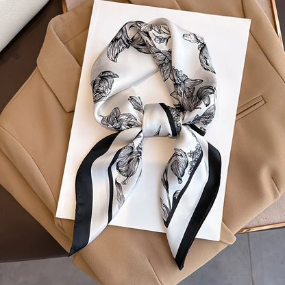 70cm Black White Floral Pattern Scarf Literary Floral Temperament Kerchief Clothes Accessory Scarves Shawl Sun Protection Scarf