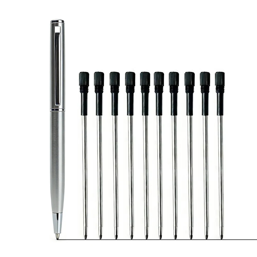Mini Stainless Steel Metal Ballpoint Pen with 10 Replacement Refills Set, Portable Pocket Ballpen Compact Short Pen for Wallet